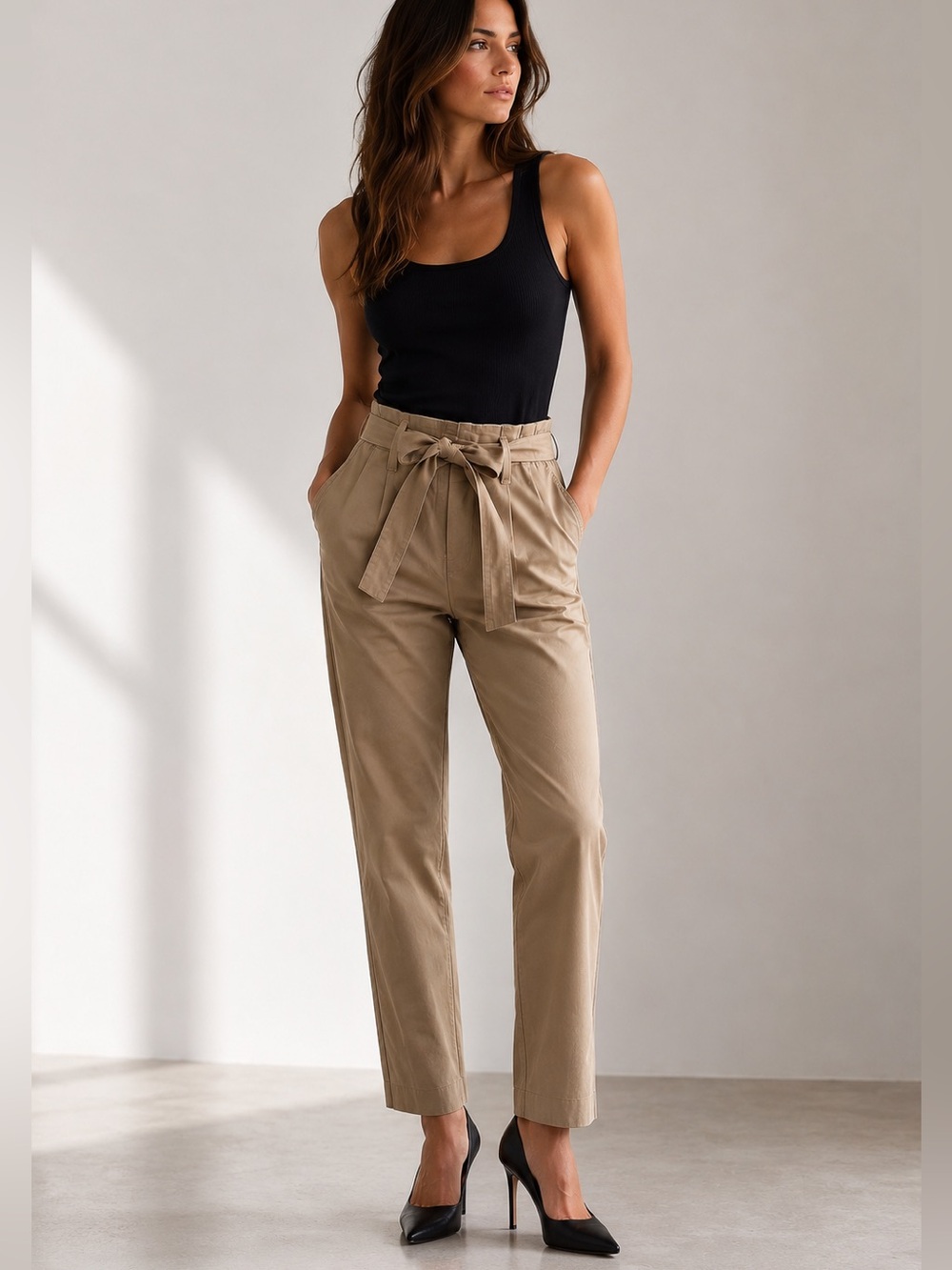 Frame Paperbag pleated tie waist tan chino size 26